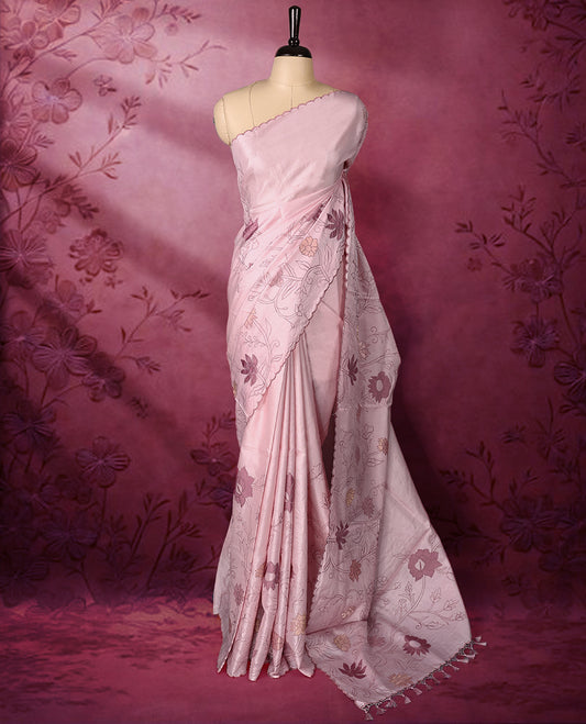 Pastel pink colour pure tussar silk lightweight saree with self colour floral kodi embroidery and tissue fabric applique work on the body, scallop embroidery worked border, with matching self colour plain blouse