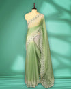 Light Green and White colour double shade organza saree with delicate floral embroidery on body, intricately embroidered scallop border, floral embroidered design on pallu, with matching blouse