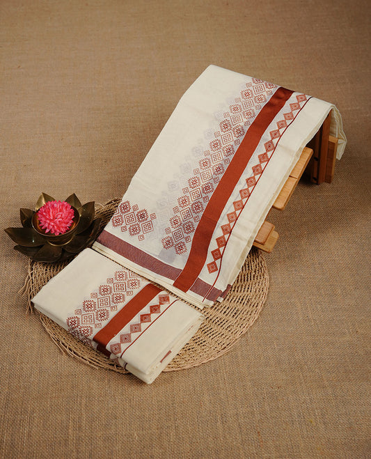 Cream colour cotton set mundu highlighting Brown colour geometric and simple border.