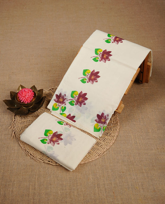 Cream colour cotton set mundu highlighting floral print on border.