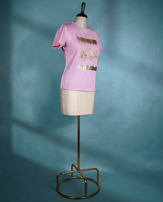 Pink short sleeve T shirt featuring a round neck and slim fit, made from soft cotton fabric for a comfortable everyday look.