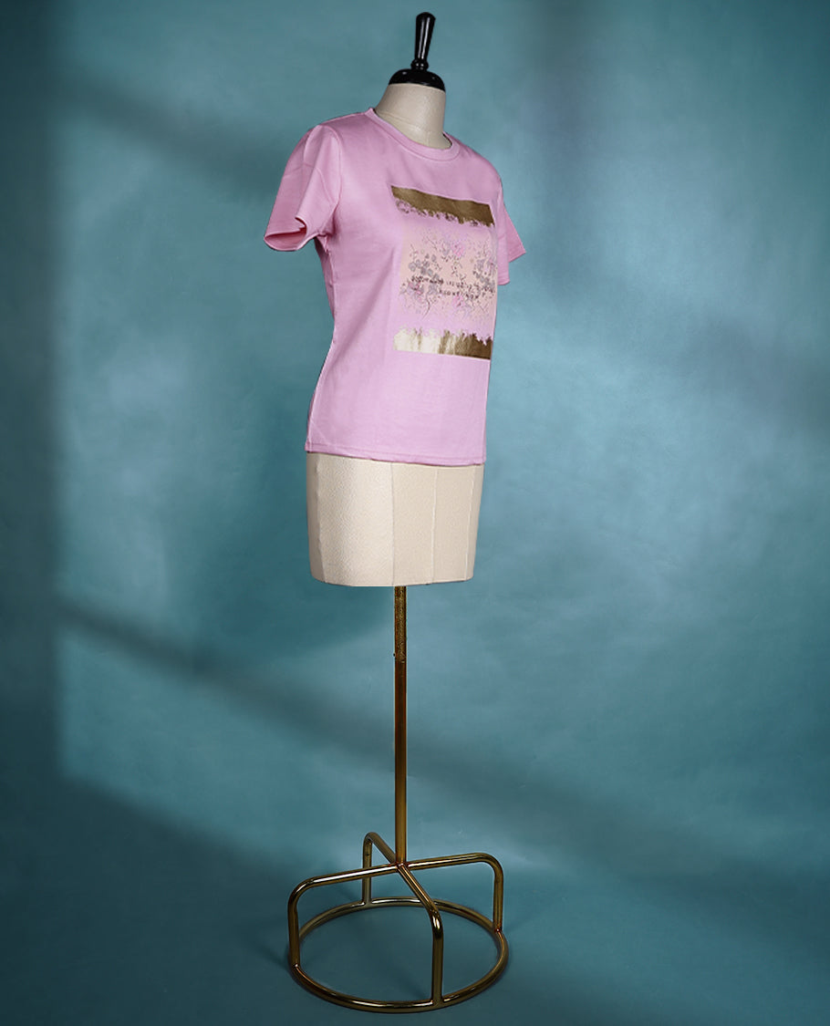 Pink short sleeve T shirt featuring a round neck and slim fit, made from soft cotton fabric for a comfortable everyday look.