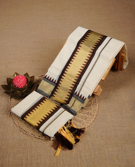 Cream colour cotton set mundu highlighting Maroon colour temple print on traditional border.