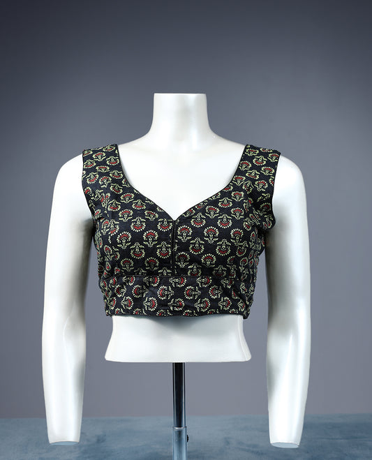 Black Colour Floral Block Print, Deep Neck, Attachable Sleeves, Padded, Ready Made Blouse.