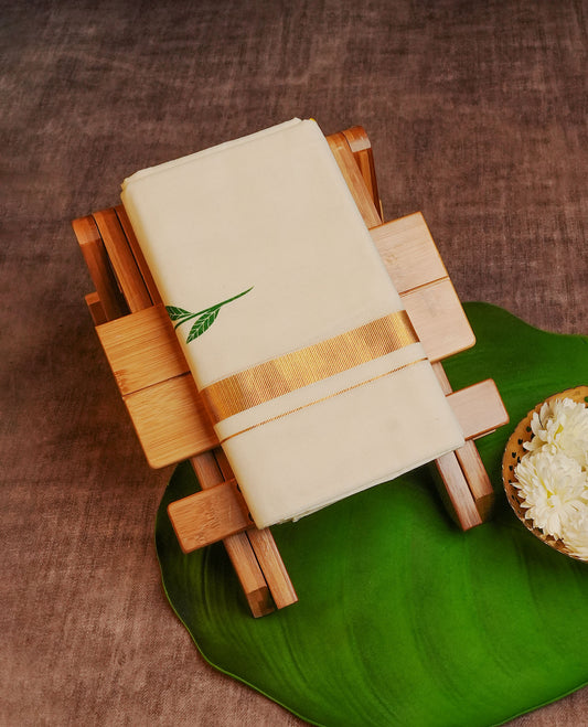 Cream Colour Cotton Double Dhoti Finished With A Classic Golden Zari Kara with Floral digital print