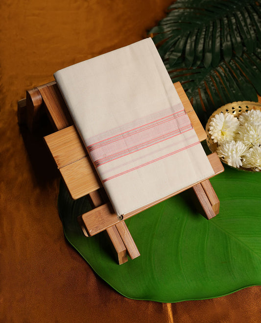 Cream Colour Pure Cotton single Dhoti with Pink and silver Colour Border for Men