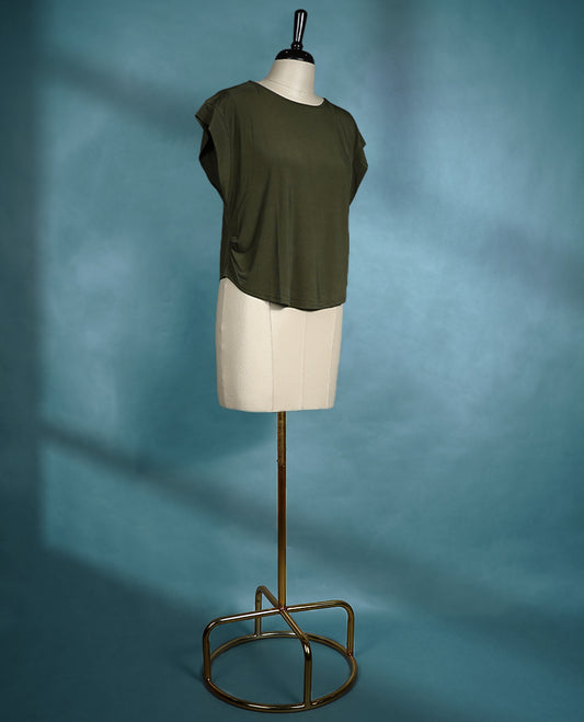 Deep Olive cap sleeve top featuring a round neck and relaxed fit, made from lightweight textured fabric for a chic, effortless style.