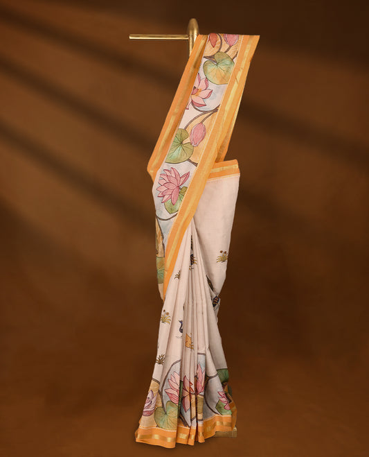 Off white and Orange Colour lightweight khadi cotton saree with earthy-coloured digital floral prints on the Body and pallu, paired with a matching blouse.