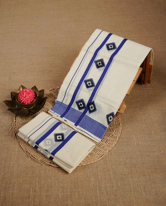 Cream colour set mundu highlighting blue colour pattern in border
