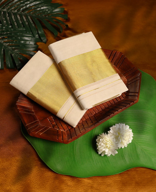 Off white colour cotton SET MUNDU featuring a plain body, complemented by a bold Gold Zari 3.5 inch border(2.00/2.80 MTS ).