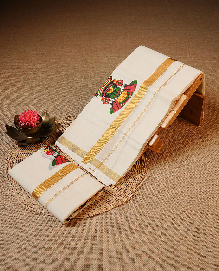 Off white colour Cotton Set Mund featuring a plain body, enhanced by a Indian culture art form print on border.