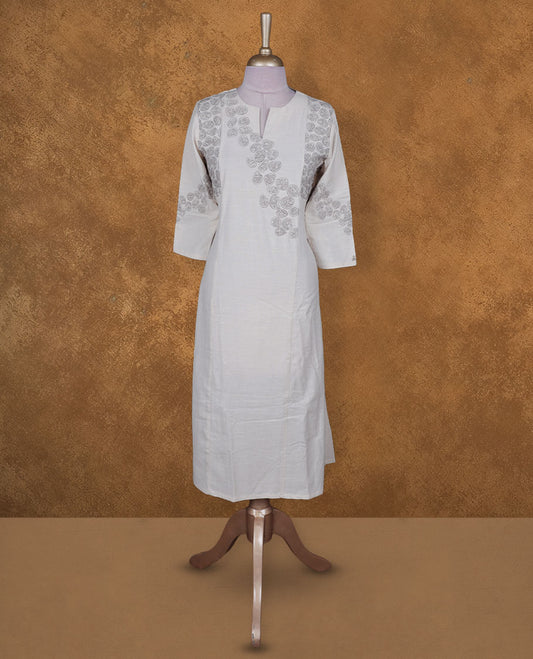 Cream colour kurti BY VISMAY with Brown floral printed motifs, straight calf length silhouette, designed with a round notch neckline and three quarter sleeves.