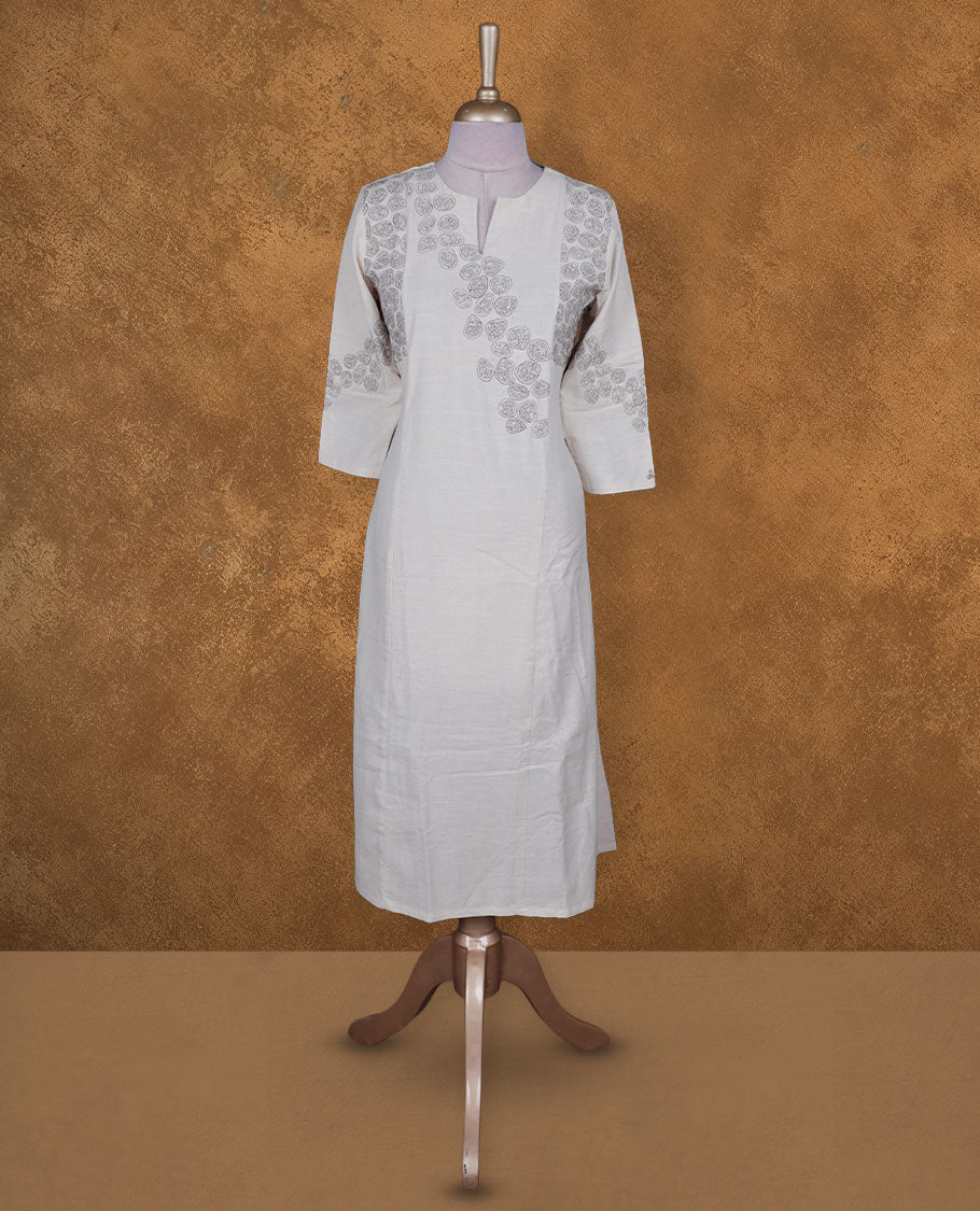 Cream colour kurti BY VISMAY with Brown floral printed motifs, straight calf length silhouette, designed with a round notch neckline and three quarter sleeves.
