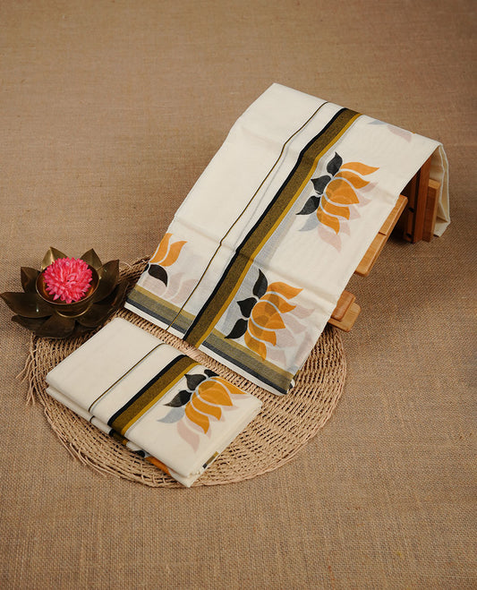 Cream colour set mundu highlighting yellow lotus with yellow & black border.