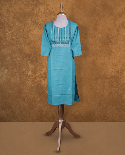 Aqua blue colour kurti with styled with a white & blue thread pattern around neckline, knee length design, and a sleeve .