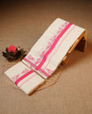 Off white colour cotton Set Mund featuring a plain body, enhanced by a pink floral printed border.