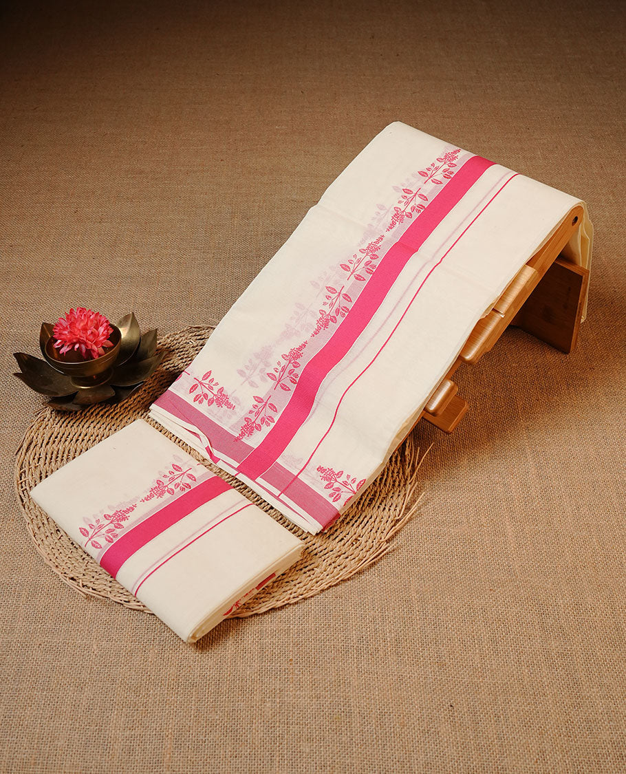 Off white colour cotton Set Mund featuring a plain body, enhanced by a pink floral printed border.