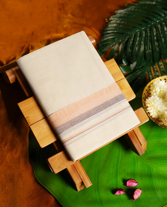 Off white colour cotton single dhoti featuring a dual tone soft peach and grey kara with fine line detailing & Designed for daily comfort and traditional grace, ideal for rituals, cultural events, and festive wear.