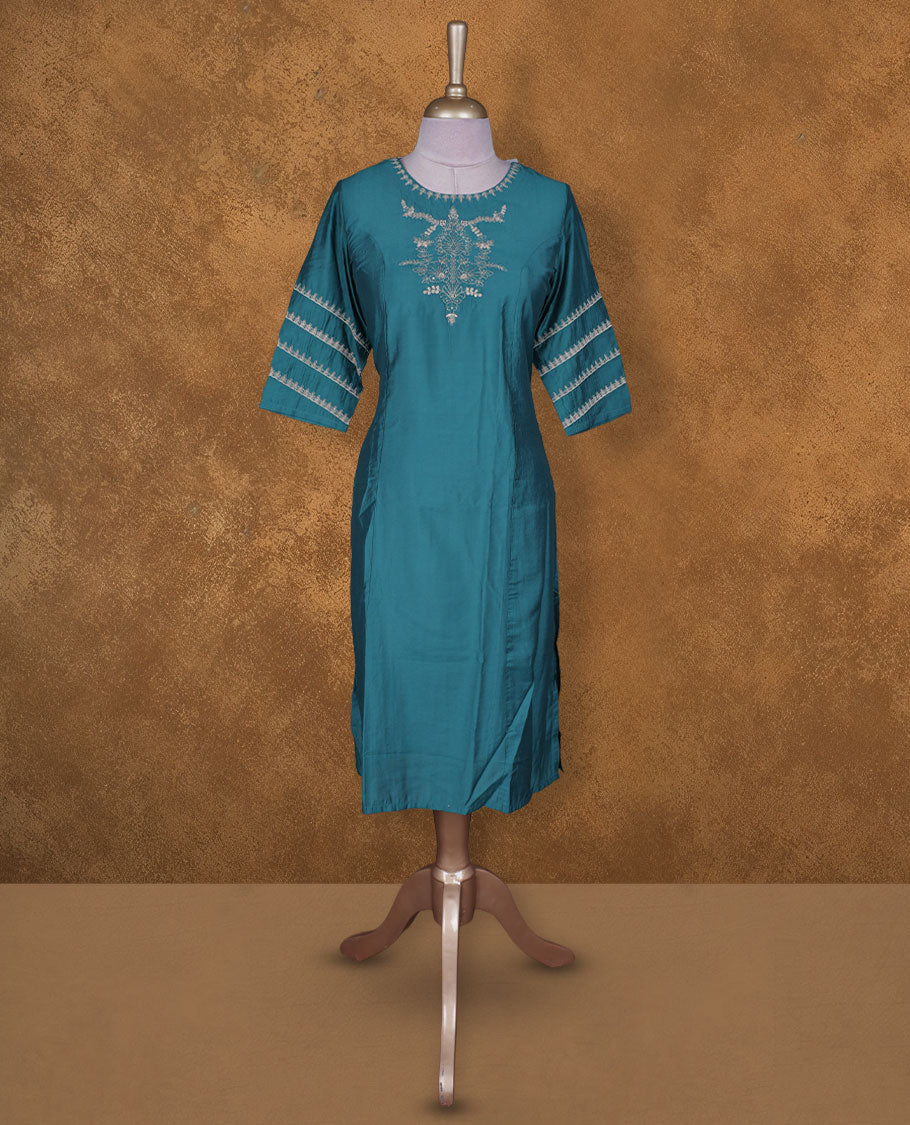 Teal blue colour kurti BY VISMAY with subtle thread embroidery, straight calf length silhouette, featuring a round neckline and stylish three quarter sleeves with striped detailing.
