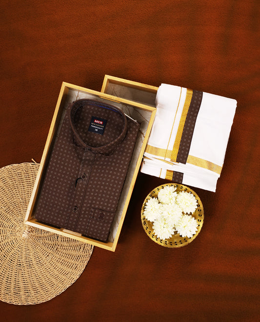 Brown colour MCR full sleeve shirt featuring all over abstract prints, paired with a white dhoti adorned with a rich golden zari kara and a matching printed border.