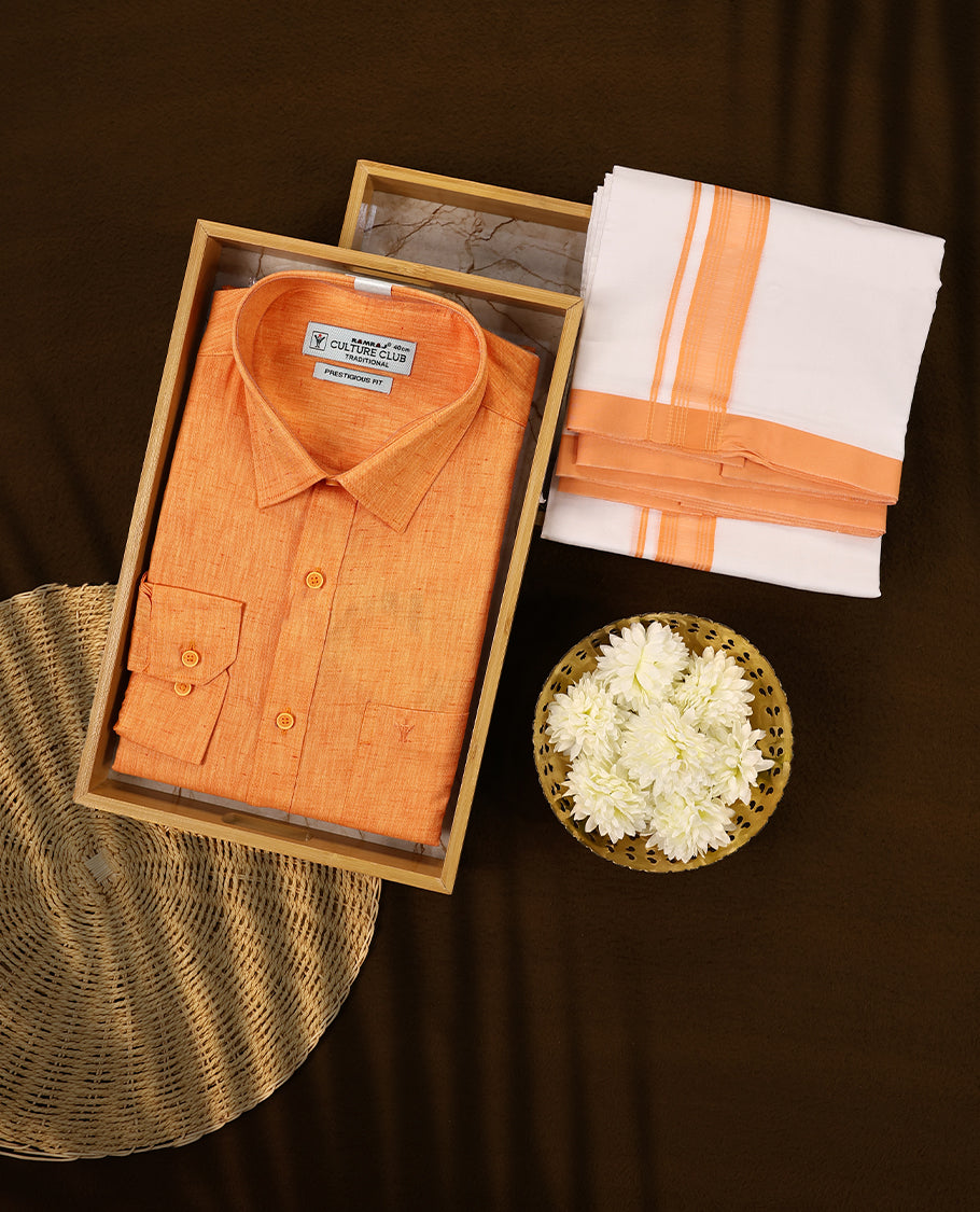 Deep Orange cotton shirt with classic collar and button down style, paired with a traditional white dhoti featuring a matching orange woven border, perfect for festive and cultural occasions.