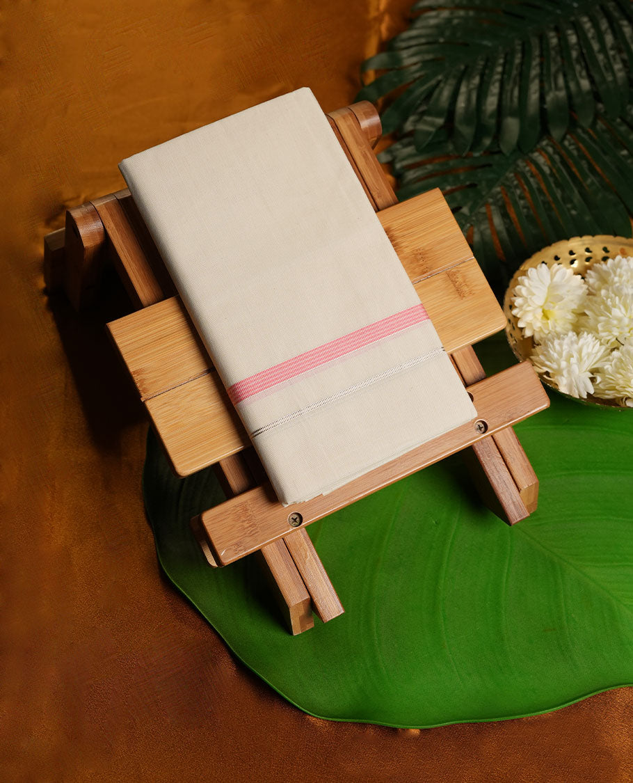 Cream Colour Pure Cotton single Dhoti with Pink and silver Colour simple Border for Men