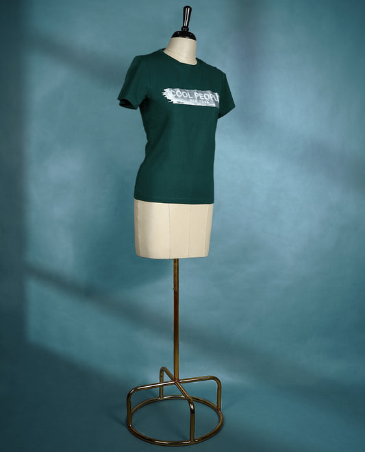 Dark green colour T shirt featuring short sleeves, a round neck, and a silver metallic print on the chest for a trendy casual vibe