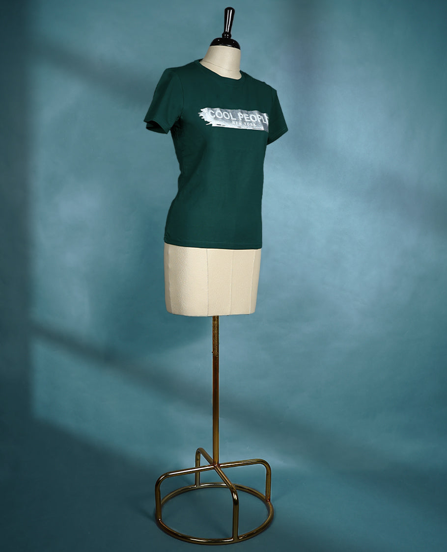 Dark green colour T shirt featuring short sleeves, a round neck, and a silver metallic print on the chest for a trendy casual vibe