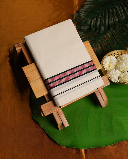 Cream Colour Pure Cotton single Dhoti with Black and red Colour Border for Men