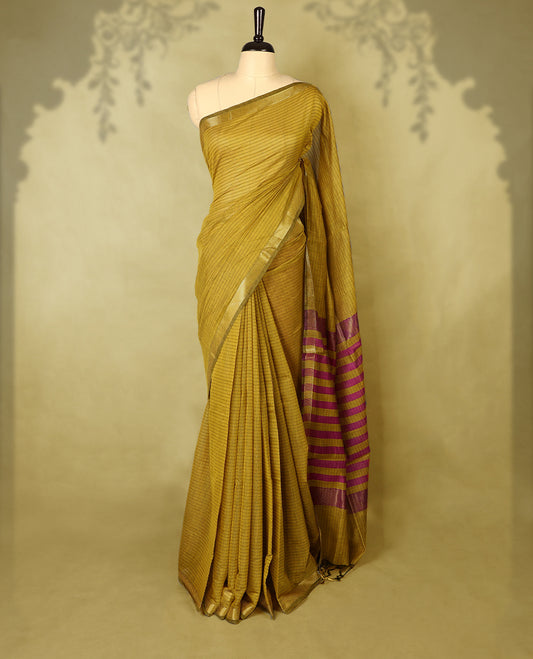 Mustard colour chanderi cotton saree with fine striped body, mangalgiri border, grand pallu featuring magenta and gold zari stripes, with matching blouse.