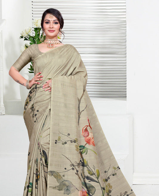 Grey colour Semi linen saree featuring vibrant multicolour floral digital prints on body and pallu, paired with a matching blouse.