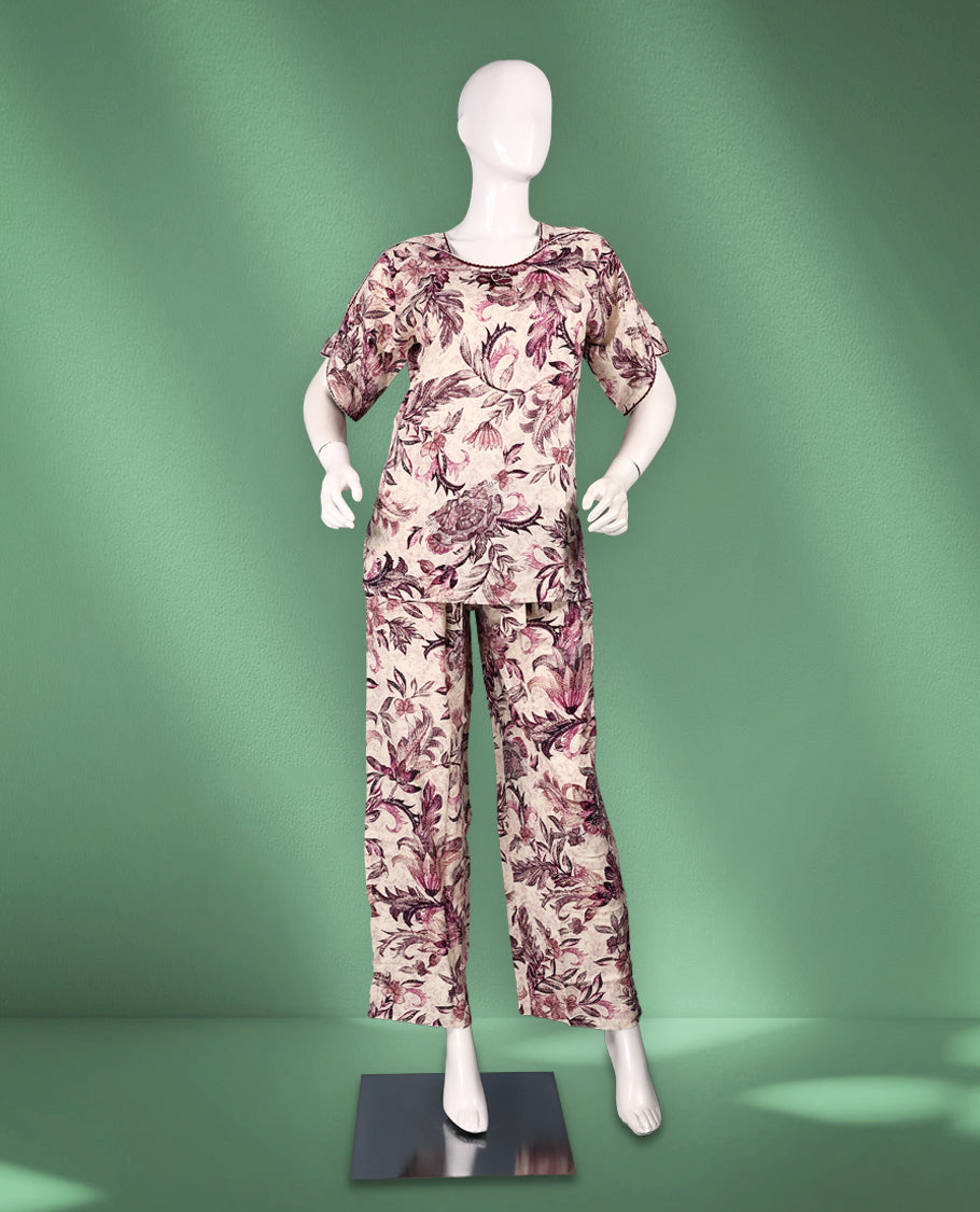 Beige and maroon colour floral printed nightwear featuring a round neckline, short sleeves with gathered detailing, and straight-cut pants for a comfortable and chic everyday style.