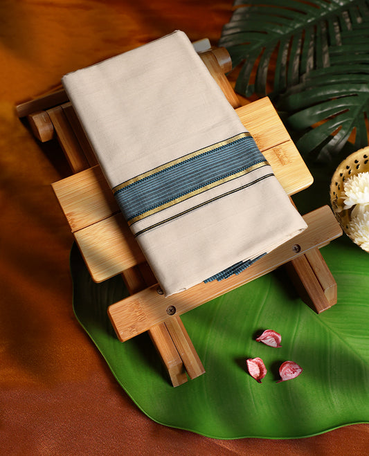 Elegant off white handloom pure cotton double dhoti featuring an elegant sky blue border with golden zari and fine black stripe accents, adding a graceful traditional charm.