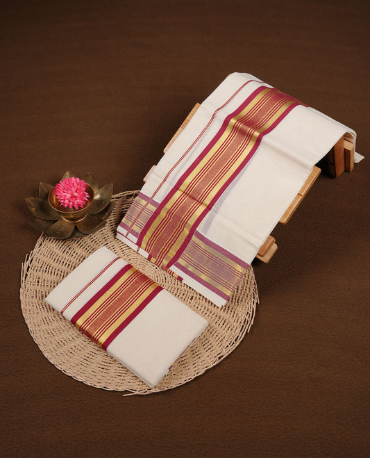 Off white colour cotton set mundu highlights gold and maroon zari border (2.00/2.80 MTS)