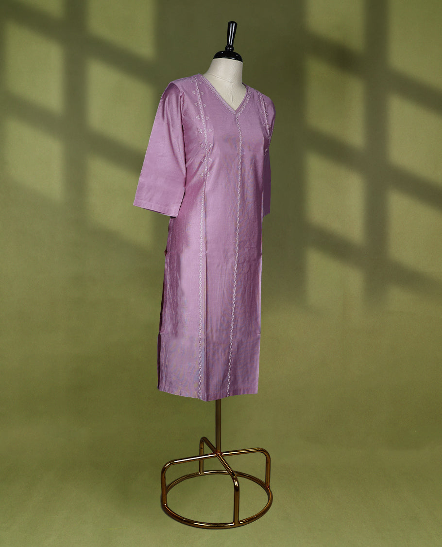 Onion pink Colour V neck Readymade kurti with embroidery work for women, featuring 3/4 sleeves.