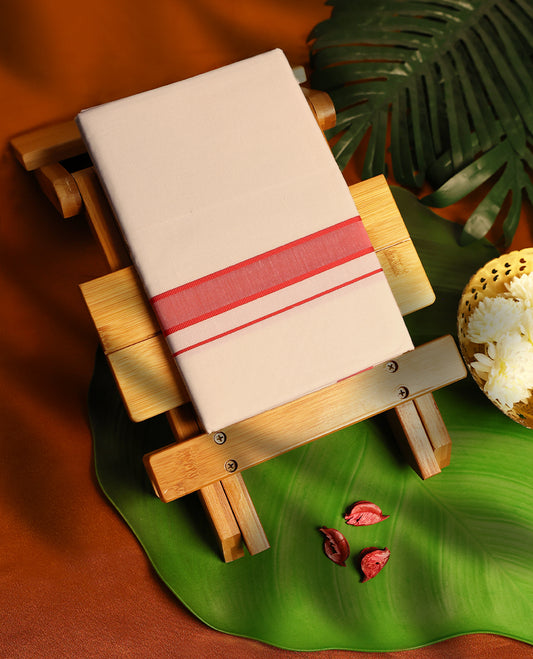 Light ivory Colour cotton single dhoti with 1 Inch Peach Red kara, crafted for traditional elegance & comfort, for men.