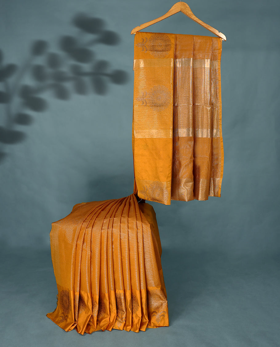 Mustard Colour Semi Tussar Saree showcases intricate Golden zari work on the body and border, paired with a matching blouse