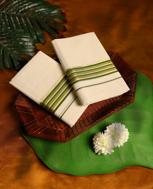 Off white colour cotton SET MUNDU featuring a plain body, complemented by a bold Gold and Olive green striped border (2.00/2.80 MTS).