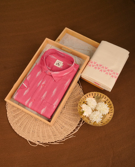 Pink colour shirt featuring Floral Pattern printed body, paired with cream colour double dhoti featuring Arrow printed border.
