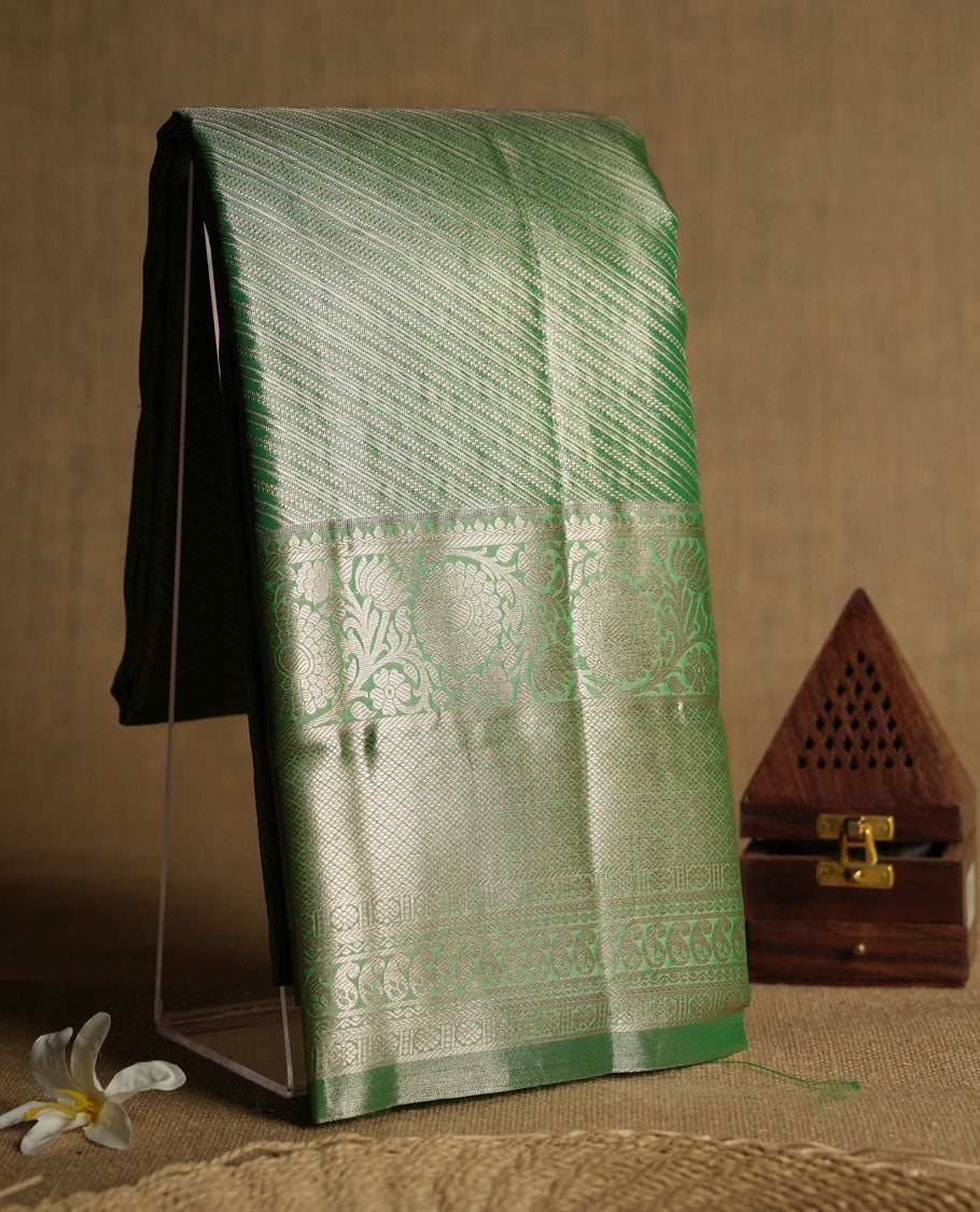 Light Green Tissue Brocade Saree with Silver Zari, Beautiful Floral Designs on Pallu, Ornate Border Patterns, Lightweight & Elegant with Matching Blouse