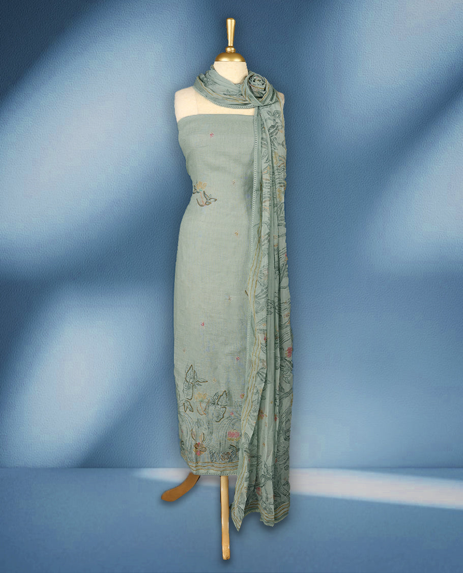 Pastel Pista colour premium pure linen printed top with hand embroidery crochet lace on daman and sleeves, premium cotton Bottom & pure chiffon printed with crochet lace border Dupatta