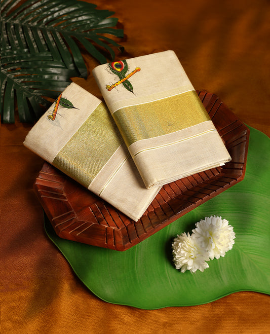 Light Gold colour tissue SET MUNDU featuring Peacock feathers with flute printed body, complemented by a bold Gold Zari border(2.00/2.80 MTS ).