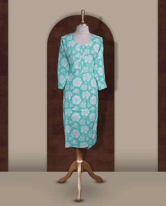 Light aqua colour kurti featuring bold white colour floral prints, a round neckline with front button detailing, and comfortable 3/4th sleeves.