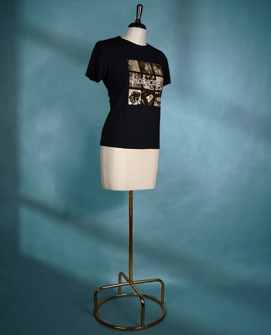 Black short sleeve T shirt with a round neck, featuring a sepia tone graphic grid design for a bold, artistic look.
