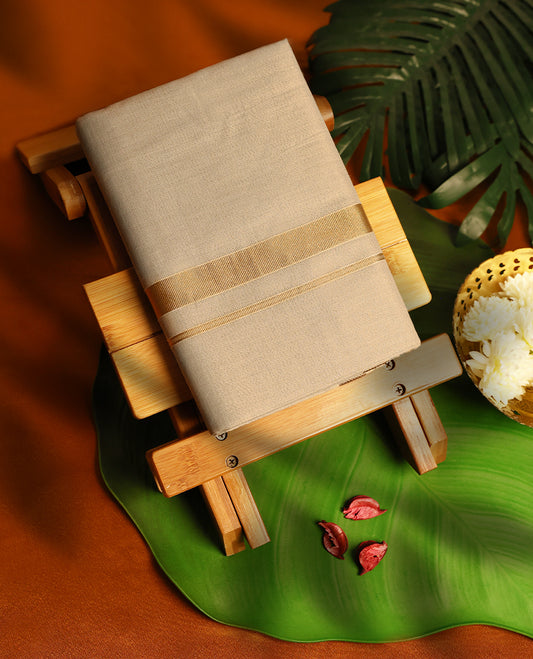 Light Gold Colour Tissue double dhoti with Gold kara, crafted for traditional elegance & comfort, for men.