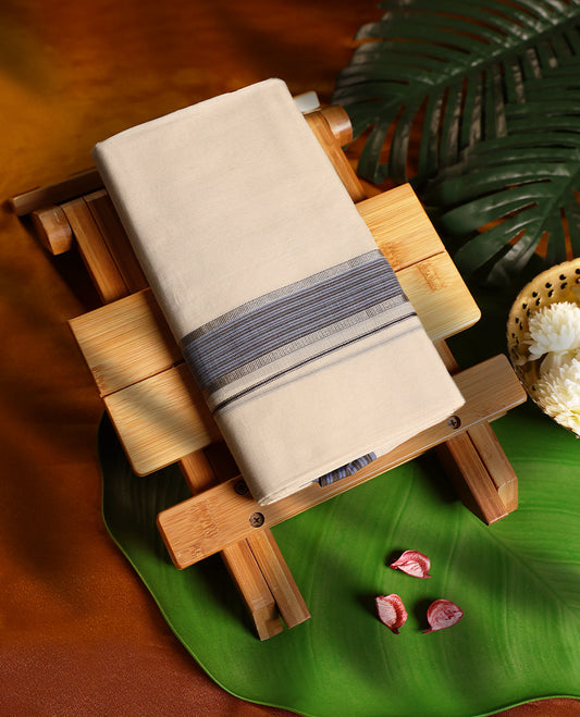 Off white pure handloom double dhoti featuring a light blue kara with fine line patterns, crafted with traditional weaving for lasting comfort and elegance, perfect for rituals, temple wear, and festive occasions
