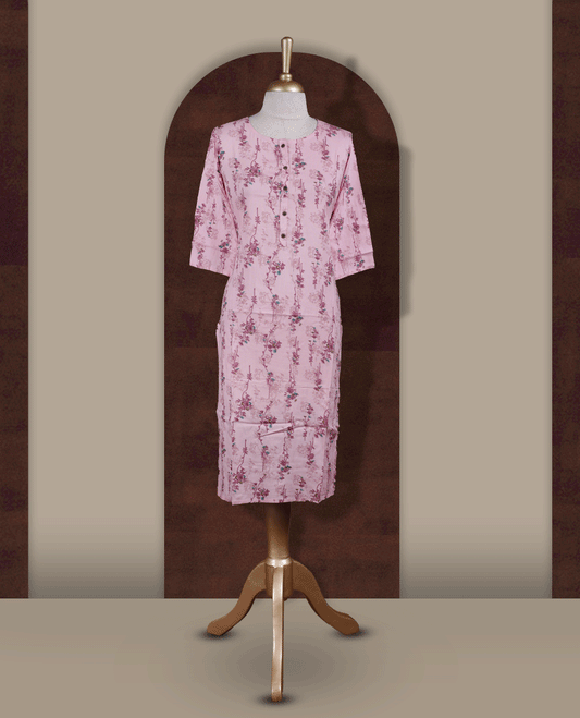Baby pink colour kurti from TWARA, featuring with delicate floral prints and front button detailing & Designed with a round neckline and three quarter sleeves.