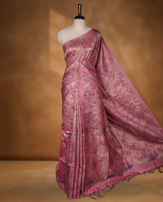 Pink colour semi jamdani tussar saree featuring woven Floral kodi & butterfly motifs on the body, complemented by a self colour without border pallu, paired with a matching blouse.