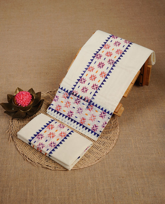 Cream colour cotton set mundu highlighting blue colour temple & geometric print on border