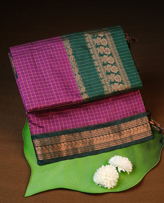 Grape colour kalyani cotton saree featuring gold zari check pattern on body, complemented by Green colour with Antique zari border, paired with matching blouse piece.